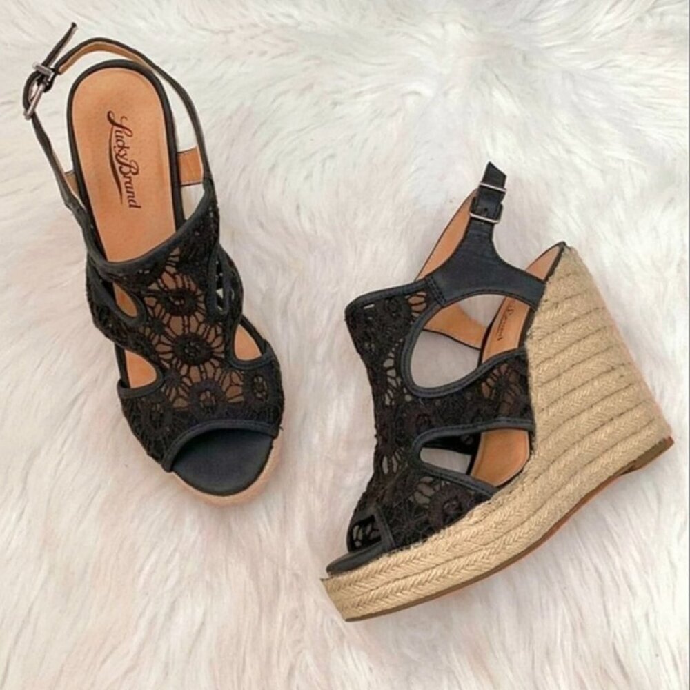 HOST PICK- LUCKY BRAND Crochet Cut Out Riedel Ranette Wedge Sandals- Black